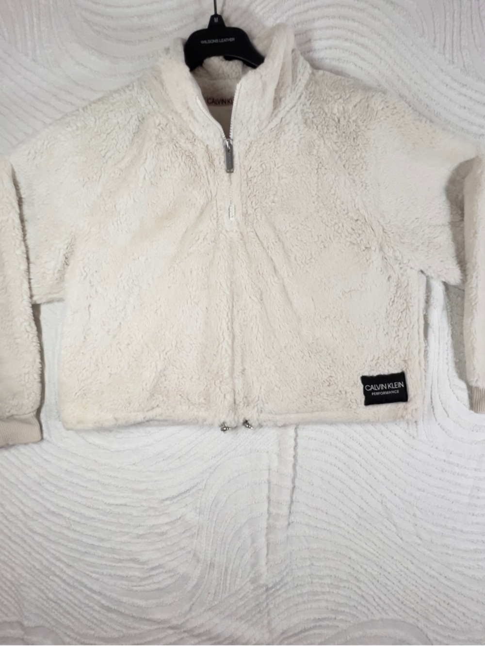 Calvin Klein White and Pale Pink Performance Sherpa Top Stand Collar Ribbed Cuff